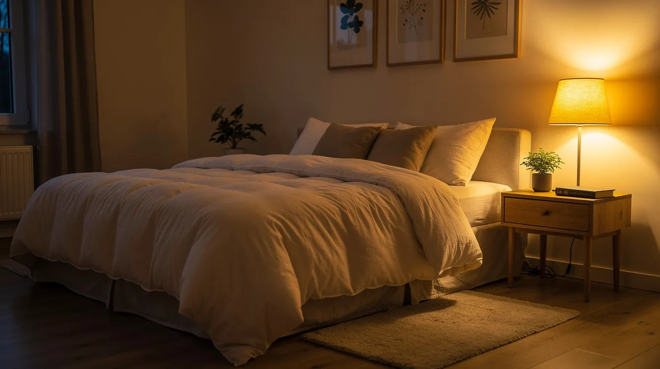 Ett mysigt sovrum med en varm sängbordslampa som ger ett mjukt ljus, placerad på ett nattduksbord bredvid sängen. Lampan skapar en behaglig atmosfär och bidrar till rummets stämning.