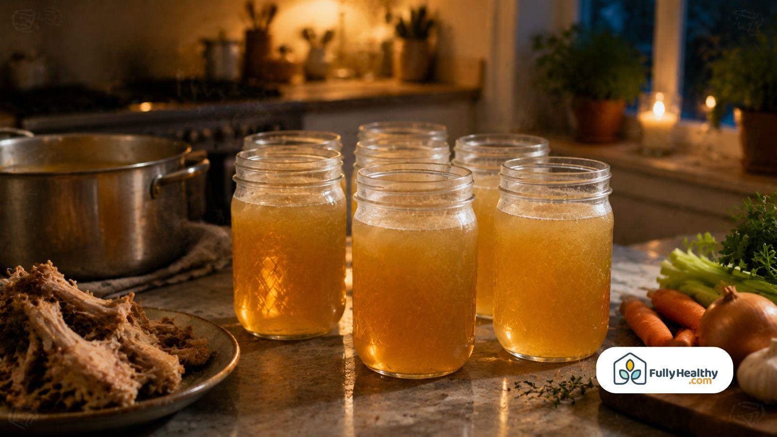 Homemade chicken stock cooling in jars with fresh ingredients
