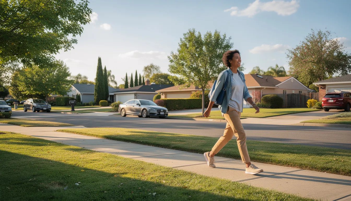 A person is walking on a suburban sidewalk on a sunny day, enjoying the outdoors. They may be wearing comfortable shoes to help manage any potential foot pain or discomfort, such as issues related to the big toe joint or other toe joints.
