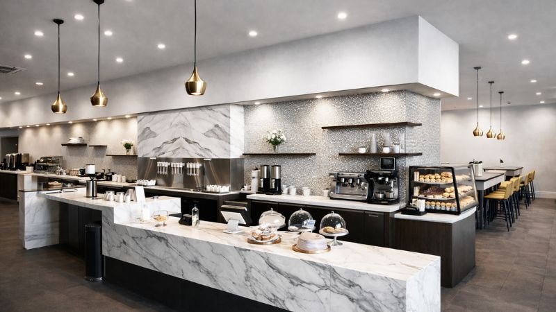 The interior of a cafe accentuated with white marble vinyl wrap
