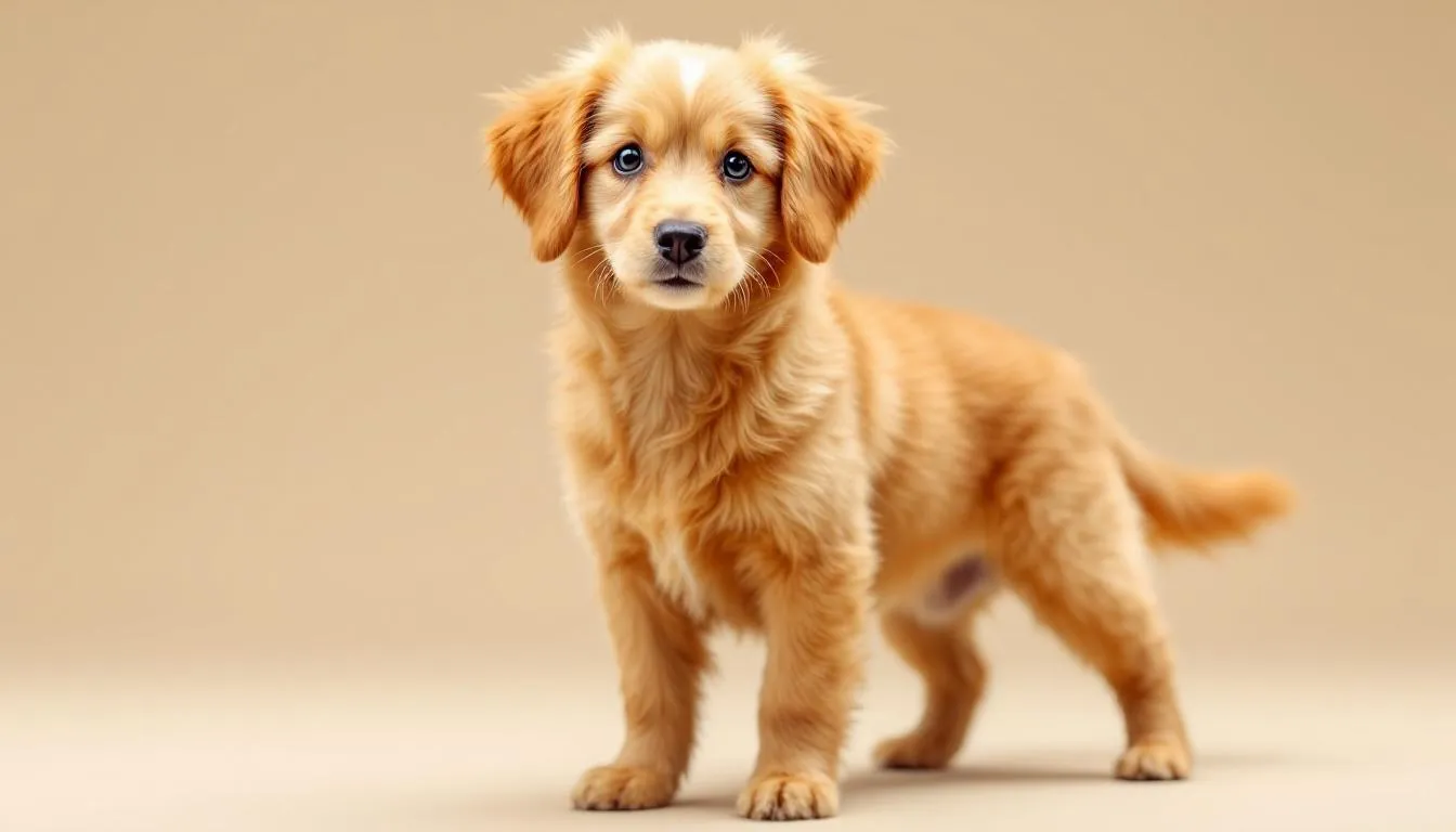 A petite goldendoodle stands proudly, showcasing its compact and well-proportioned body structure, with a soft, curly coat that highlights its poodle ancestry. This playful pup exudes a sweet temperament, perfect for families seeking a loyal companion.