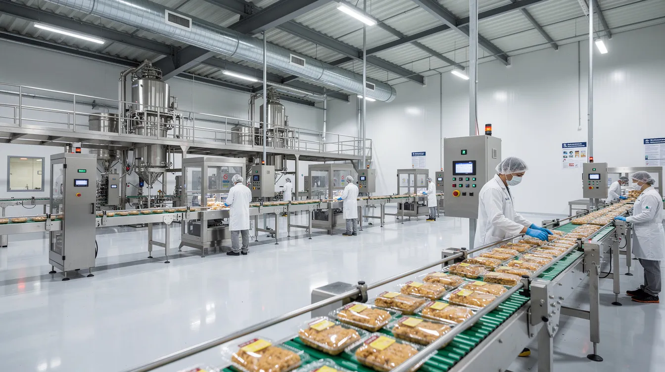 f9d65dc3 b356 4a0c a8f0 8bcb97a9c88d The image depicts a busy food processing factory floor where workers are actively operating packaging machinery and conveyor belts, focusing on the manufacturing process of instant poha. This scene highlights the essential operations involved in producing packaged poha, a popular flattened rice product in southern India.