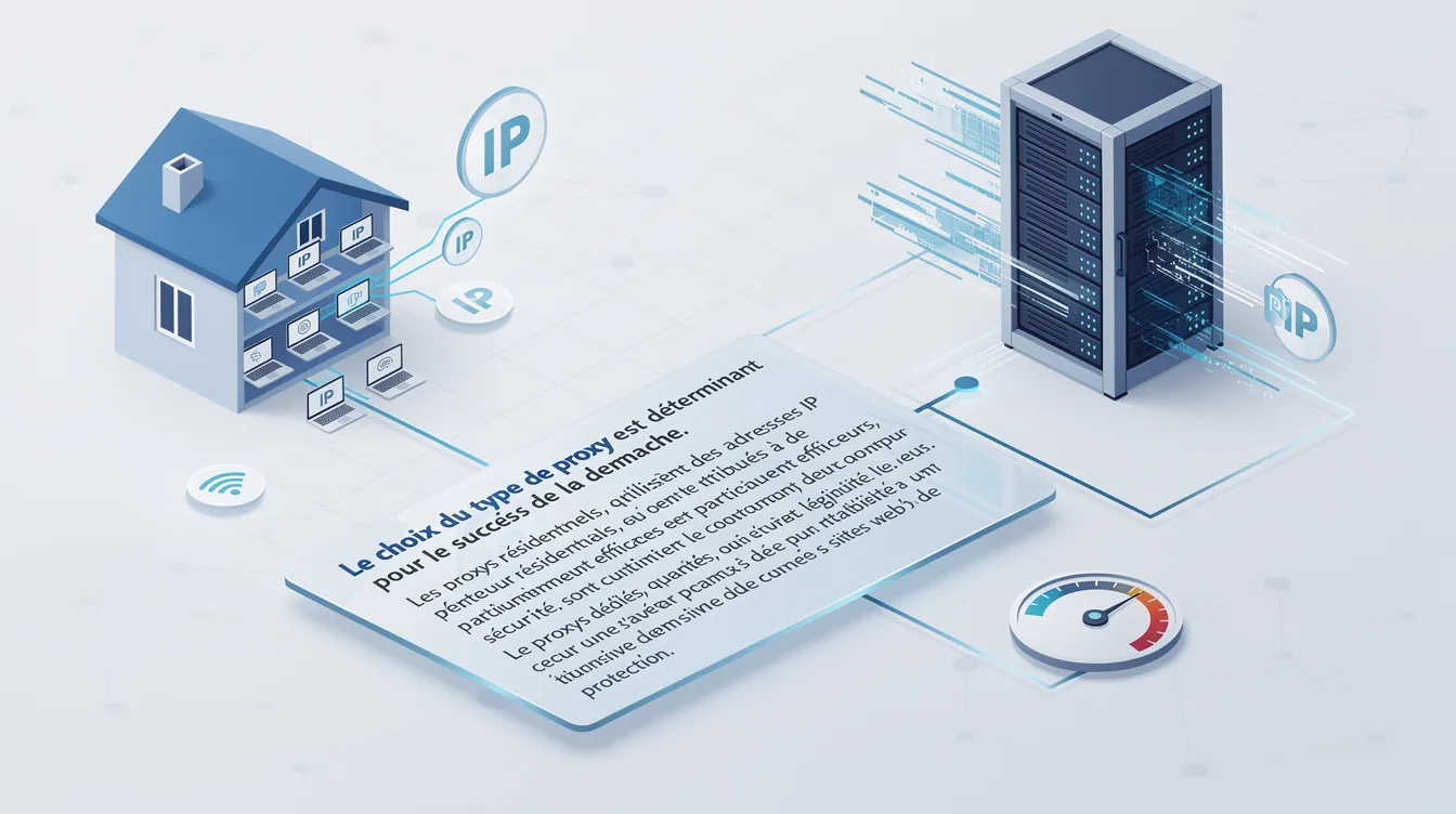L'image illustre un graphique comparatif des différents types de proxy, mettant en avant les proxys résidentiels et dédiés. Elle souligne leur efficacité respective pour le contournement des mesures de sécurité sur des sites web, notamment dans le cadre du web scraping.