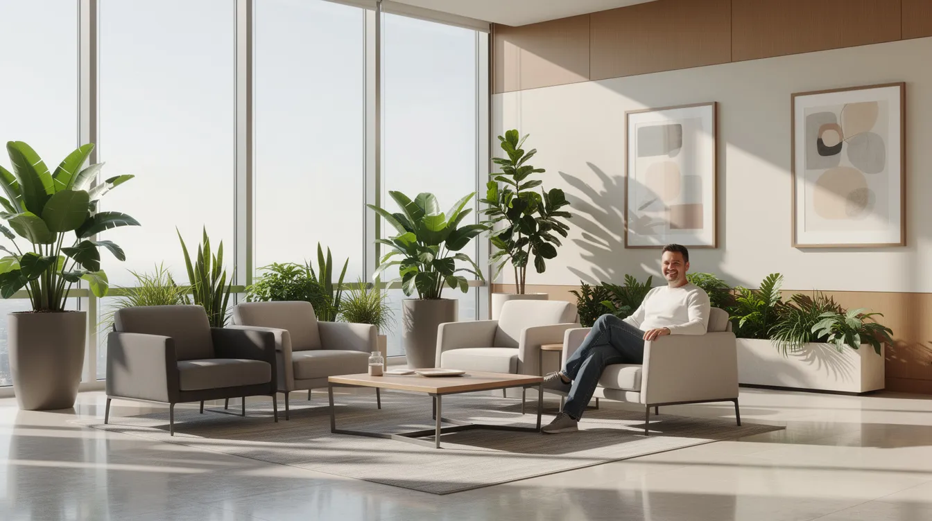 A patient is seen relaxing in a bright, modern waiting area filled with comfortable seating and lush plants, embodying a commitment to overall health and well-being. This rejuvenative medicine environment in Philadelphia encourages patients to feel confident as they prepare for their appointments.