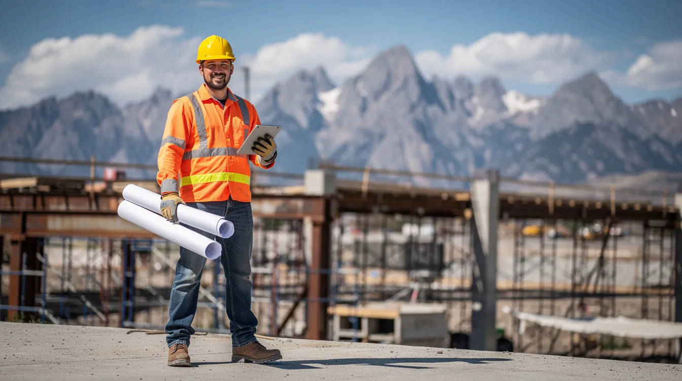 The image shows a construction worker wearing a hard hat and safety vest, standing at a construction site with the majestic Colorado mountains in the background. This scene highlights the importance of safety for injured workers and the potential need for a workers compensation attorney in Colorado to navigate claims related to workplace injuries.