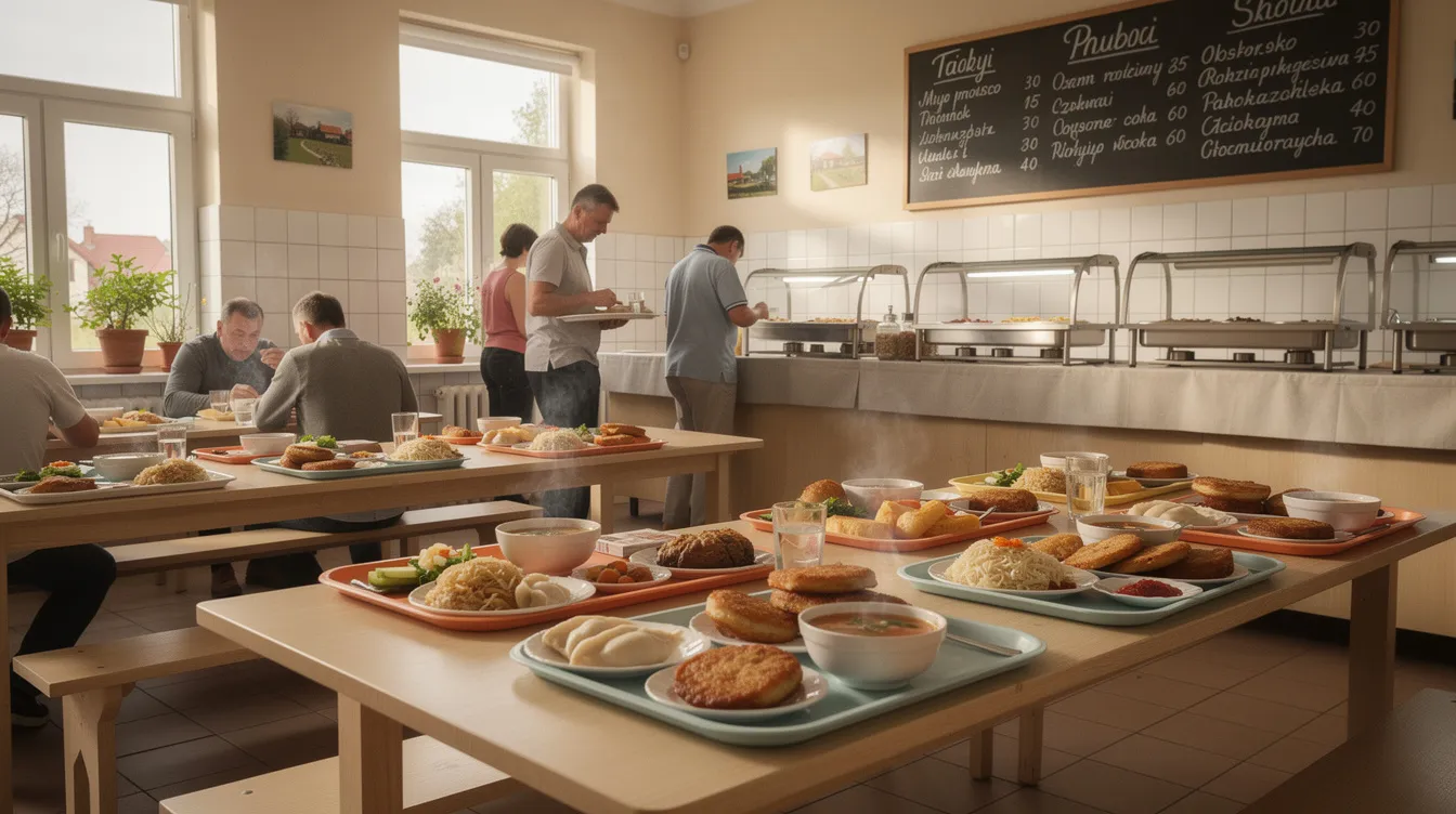 The image depicts the interior of a traditional Polish milk bar, featuring simple wooden tables and trays filled with hearty, affordable food typical of Polish cuisine. This cozy dining space reflects the charm of small towns in Poland, where locals gather to enjoy budget-friendly meals.