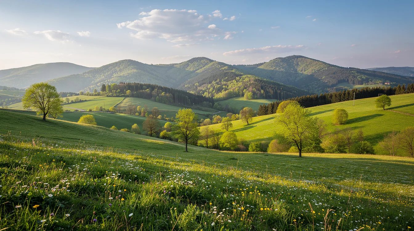 Widok na wiosenne Beskidy z zielonymi łąkami i górskimi szczytami w tle, idealny na długi weekend majowy. Wspaniała sceneria zachęca do relaksu i spędzenia czasu wolnego z rodziną lub przyjaciółmi.