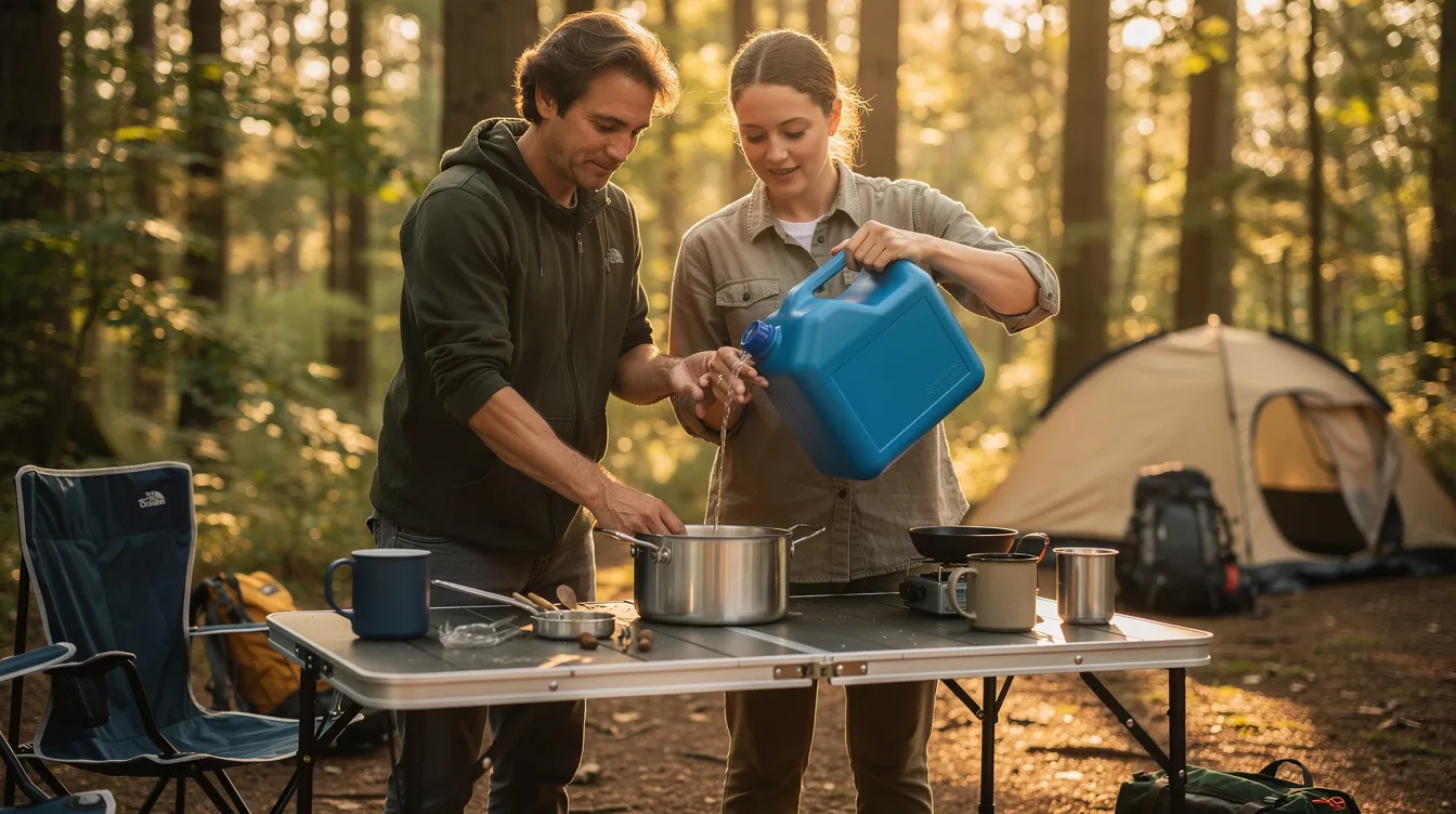 Two campers are at a picnic table, carefully pouring water from a large blue hydration water jug into a metal cooking pot, preparing for their meal at the campsite. The scene captures the importance of proper water storage and the use of durable water containers during their outdoor adventure.