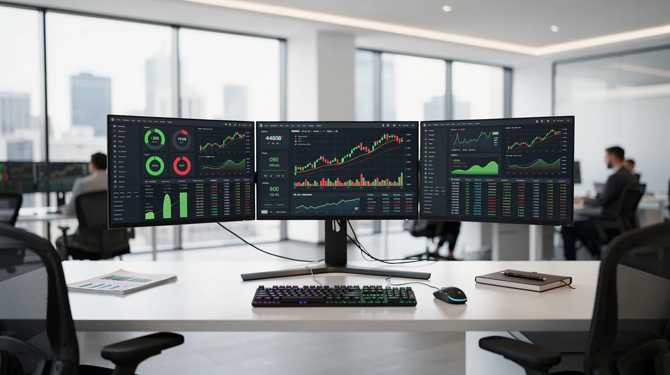 The image depicts a modern office workspace featuring multiple computer screens that showcase various financial dashboards and data analytics, reflecting a focus on corporate tax services and tax compliance. The environment suggests a team of tax professionals dedicated to providing strategic business consulting and financial insights for clients.