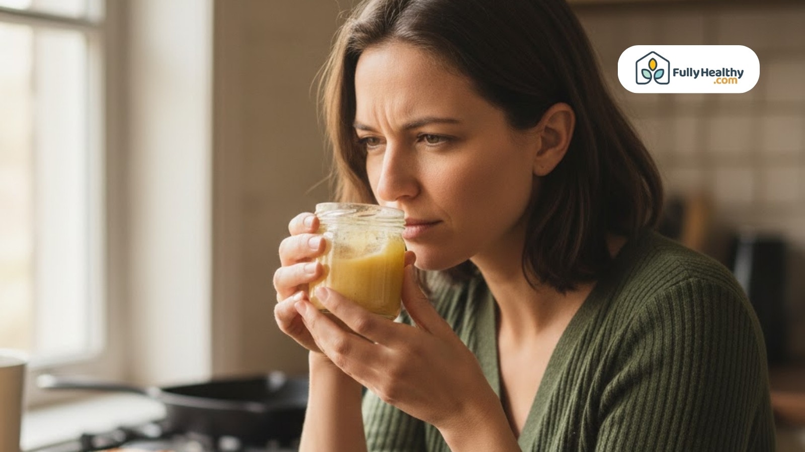 Woman smelling jar of ghee in kitchen