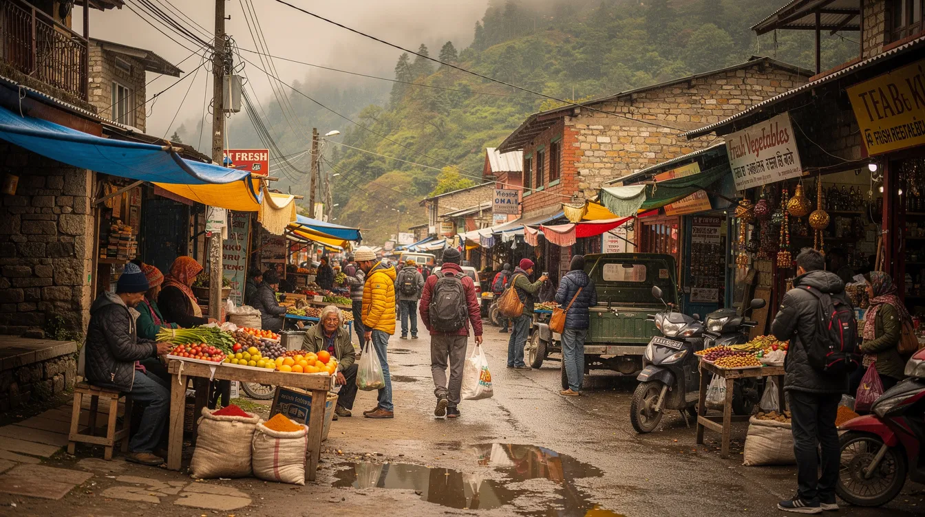 The image depicts a bustling local market scene in a hill station town, filled with vibrant vendors selling various goods and customers engaging in lively interactions. This lively atmosphere showcases the potential for small business ideas and innovative ventures that can contribute to the local economy and create employment opportunities.