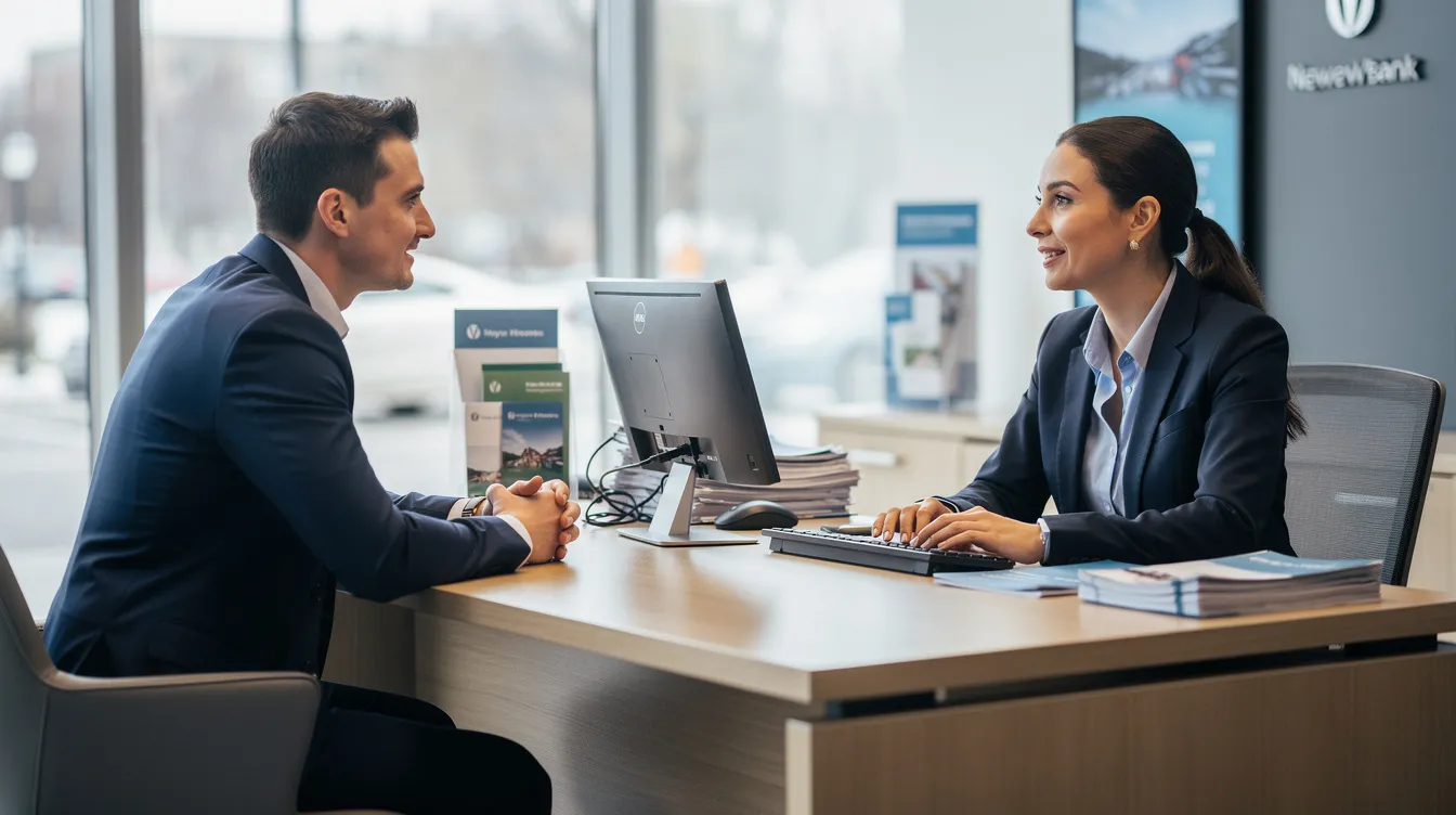 f9dfc2e1 491a 4fb2 ad29 39992be85980 A customer is engaged in a polite discussion with a bank officer across a desk in a bank branch, likely discussing options for business loans or financial assistance under the Pradhan Mantri Mudra Yojana. The scene reflects a professional environment where the applicant may be inquiring about necessary documents, loan amounts, and eligibility criteria for funding small enterprises or micro businesses.