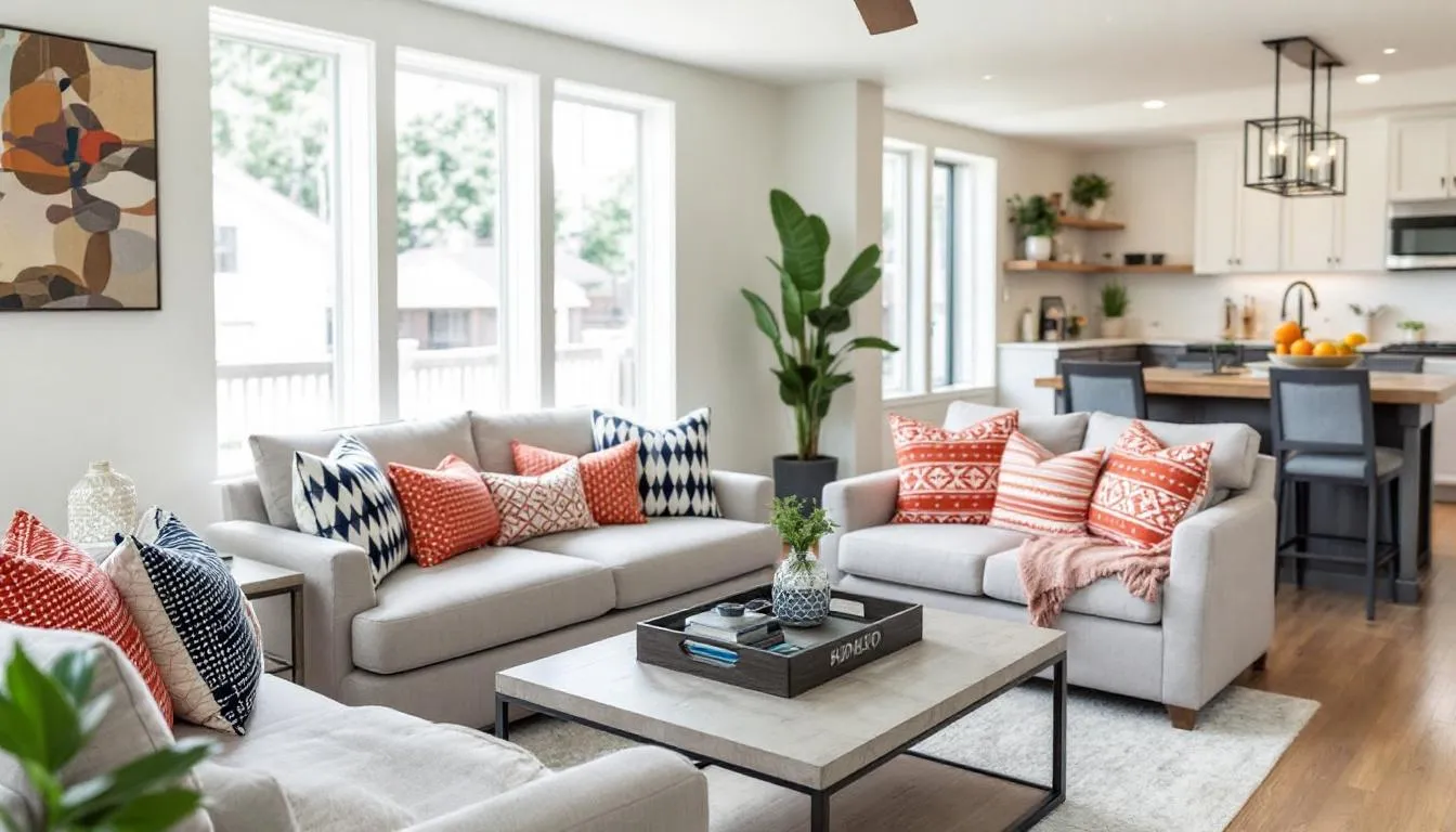 A beautifully transformed room featuring custom pillows, illustrating the complete room transformation process.