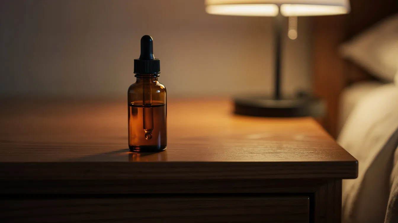An amber tincture bottle sits on a wooden nightstand next to a softly glowing lamp, suggesting a serene atmosphere for relaxation. This cannabis-derived product may offer potential health benefits, including pain relief and improved sleep support for medical cannabis patients.