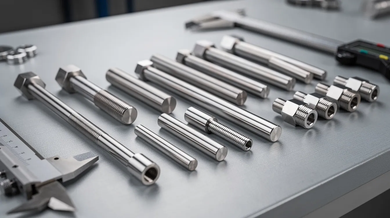 The image depicts a collection of precision CNC turned metal shafts, pins, and threaded fittings meticulously arranged on a machinist's workbench, showcasing the intricate details and surface finish of these custom components used in various industrial applications. The parts, made from materials like stainless steel and alloy steel, highlight the quality and precision associated with CNC machining services.