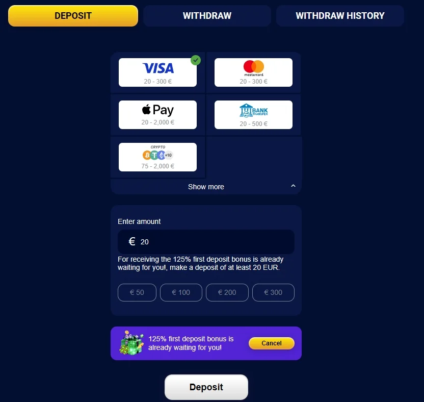 The page for choosing the account replenishment method