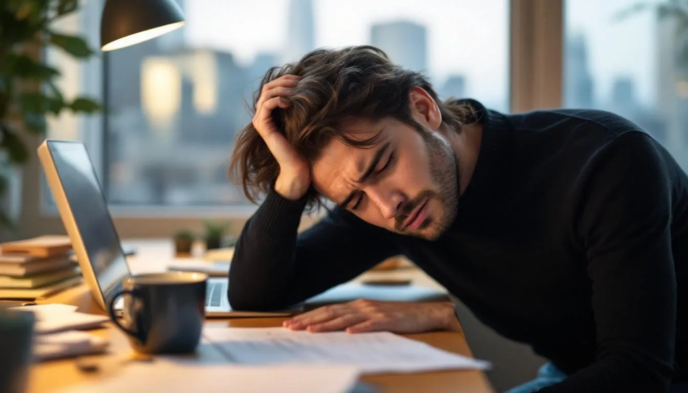 A person sits at a desk, visibly fatigued, with their hand resting on their forehead, reflecting the impact of stress on mental health. This scene emphasizes the importance of adequate magnesium intake and vitamin B6 for maintaining energy levels and overall well-being.