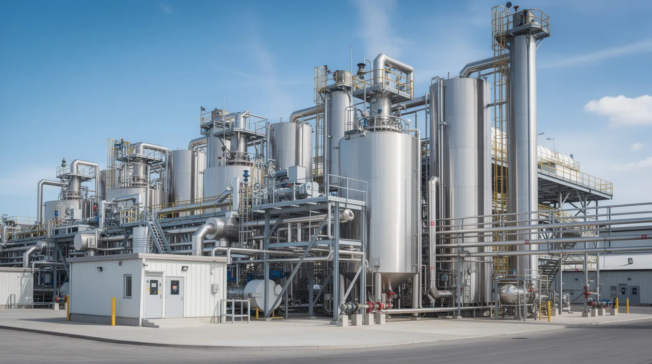 The image depicts a large industrial ethanol production plant, featuring tall metal distillation columns and extensive piping systems. This facility is integral to the ethanol industry, utilizing various raw materials for the efficient production of ethanol fuel through processes like fermentation and distillation.