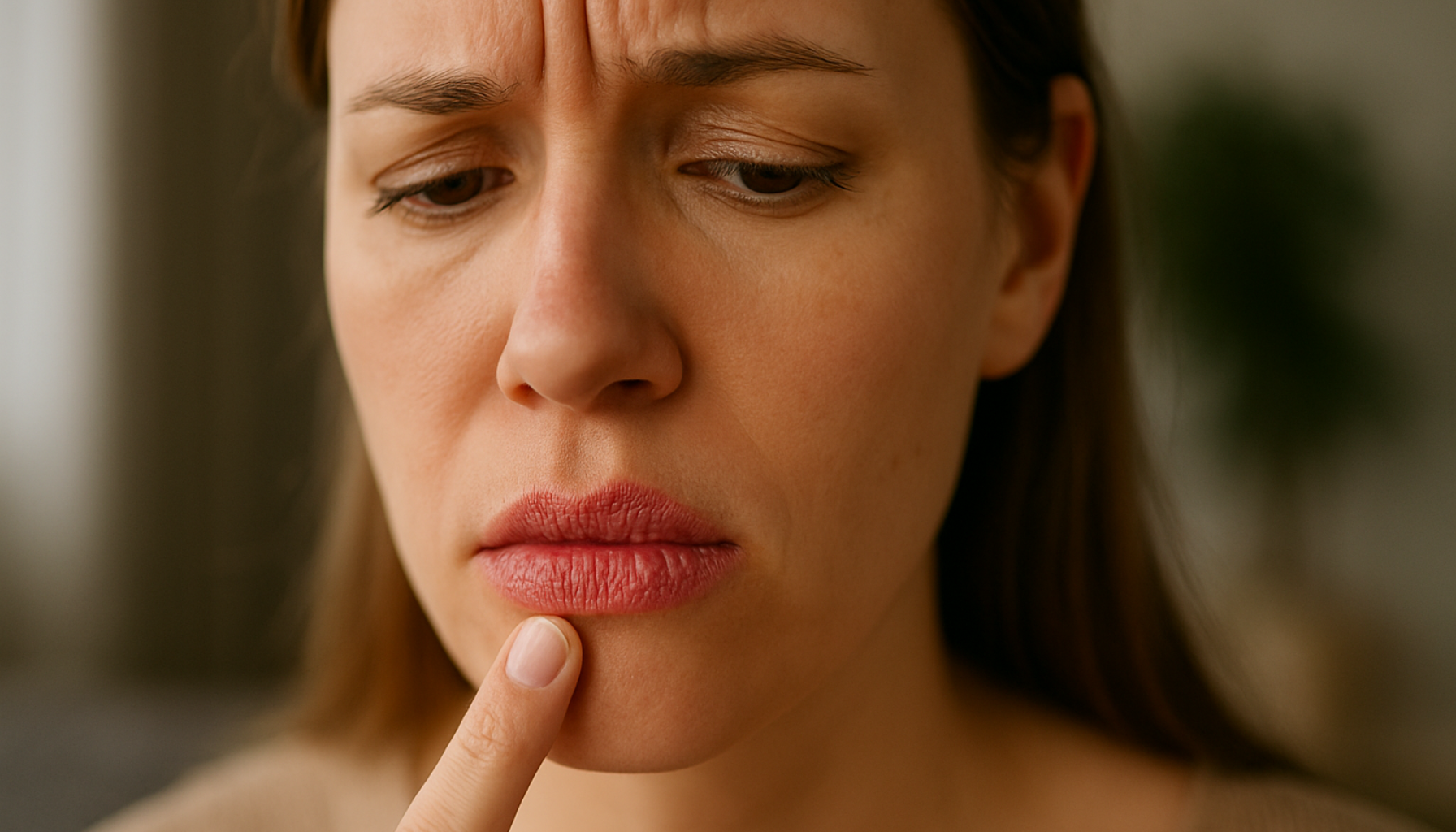Kvinne med tørre og sprukne lepper som berører området i lett ubehag.