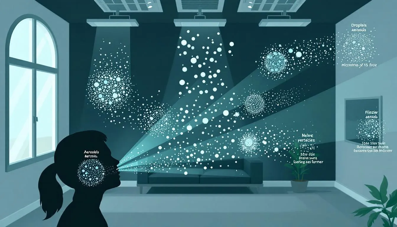 The diagram illustrates various sizes of respiratory particles, including large droplets and droplet nuclei, and their travel patterns in indoor air, highlighting how respiratory transmission can occur through coughing and sneezing. It emphasizes the importance of infection prevention measures, such as wearing personal protective equipment and practicing social distancing, to reduce the risk of airborne diseases like COVID-19 and other respiratory infections.