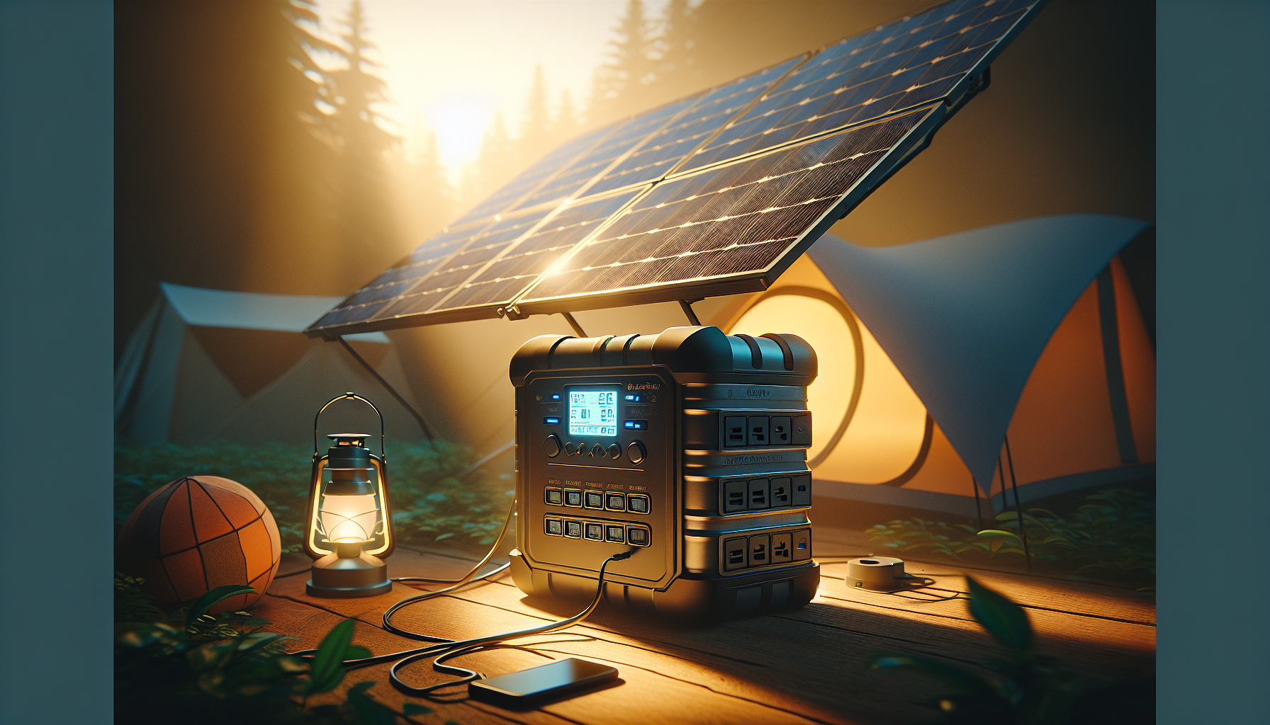 Illustration of a portable power station being used during a camping trip with solar panels