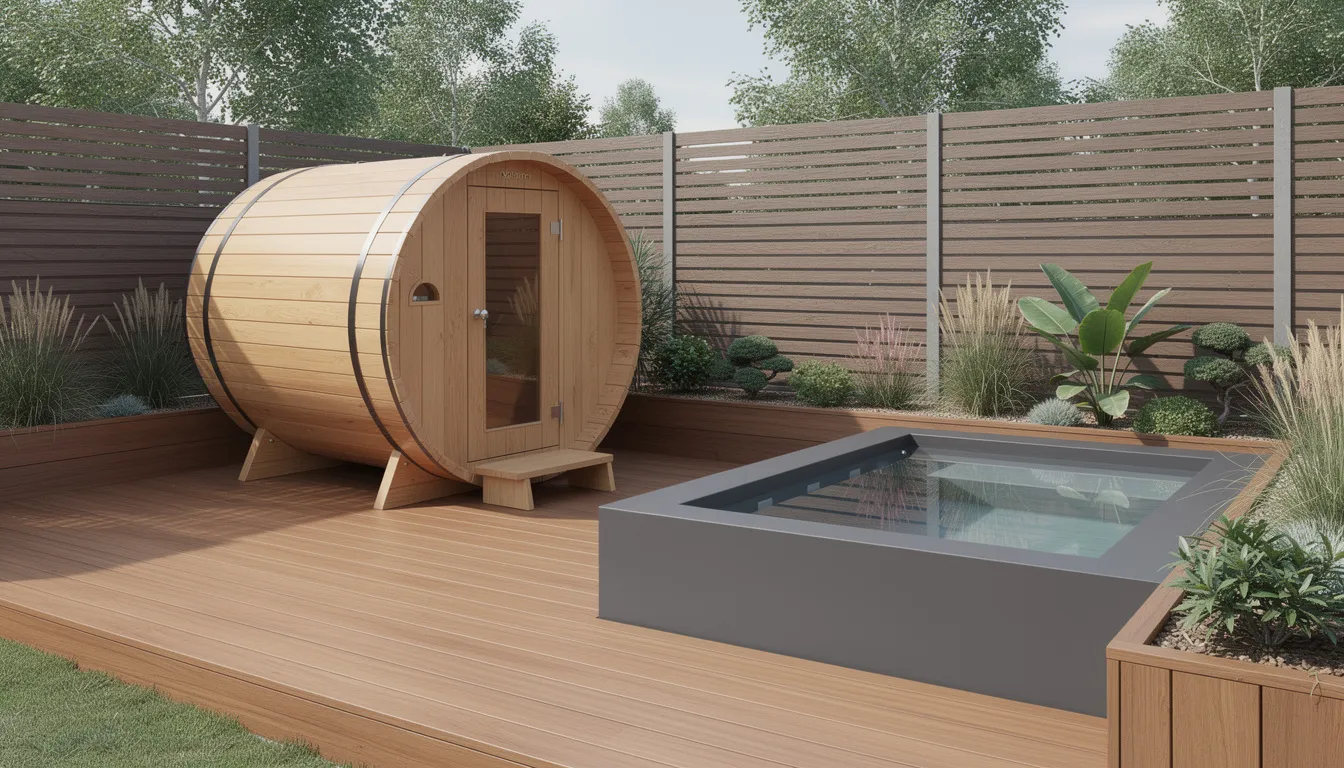 A modern wooden deck featuring a barrel sauna and a sleek cold plunge tub, surrounded by tall privacy fencing and fragrant ornamental plants, creates a serene backyard wellness retreat. This outdoor space promotes relaxation and physical health benefits, offering a perfect personal retreat for stress relief and rejuvenation.