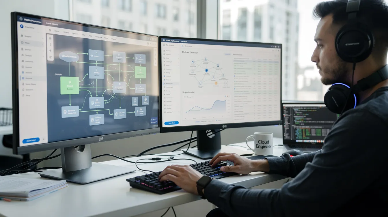 A developer is seated at a desk, focused on multiple screens displaying cloud architecture and software development tools, illustrating the integration of AI agents and multi-agent systems. The workspace highlights the importance of deploying agents and maintaining context in production systems while ensuring security and performance.