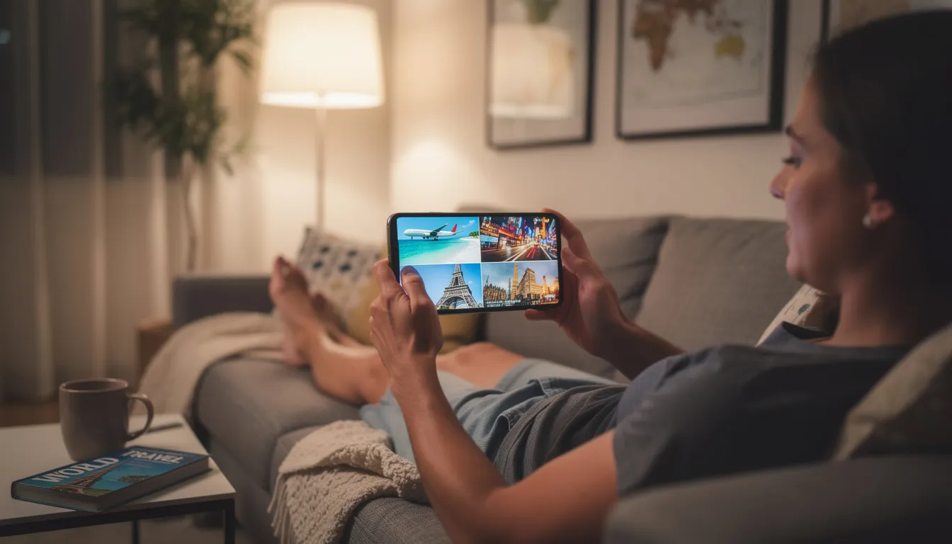 A person is comfortably seated on a sofa, engrossed in travel videos on their smartphone, exploring potential holiday destinations and planning future trips. This scene captures the essence of travel marketing, as they engage with content that could inspire their next adventure.