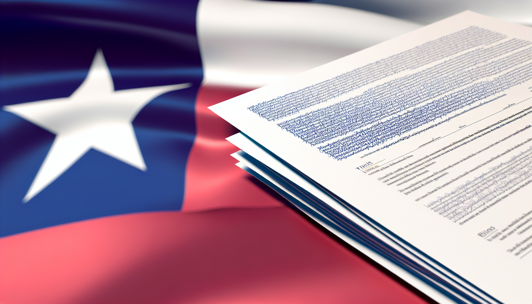 Close-up of title insurance policies with Texas flag in the background