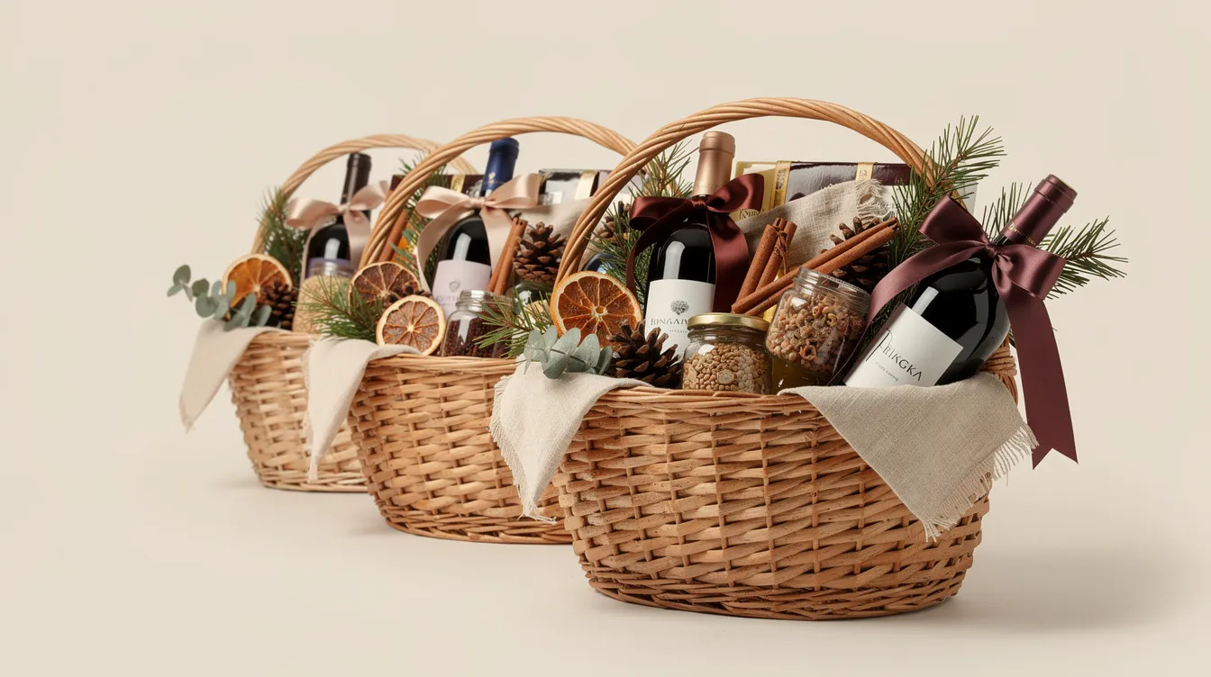 Na jasnym tle znajdują się eleganckie kosze prezentowe, wypełnione naturalnymi dekoracjami, wstążkami oraz butelkami wina, które mogą być doskonałym prezentem na każdą okazję. Taki zestaw z pewnością wywoła uśmiech na twarzy obdarowanego mężczyzny.