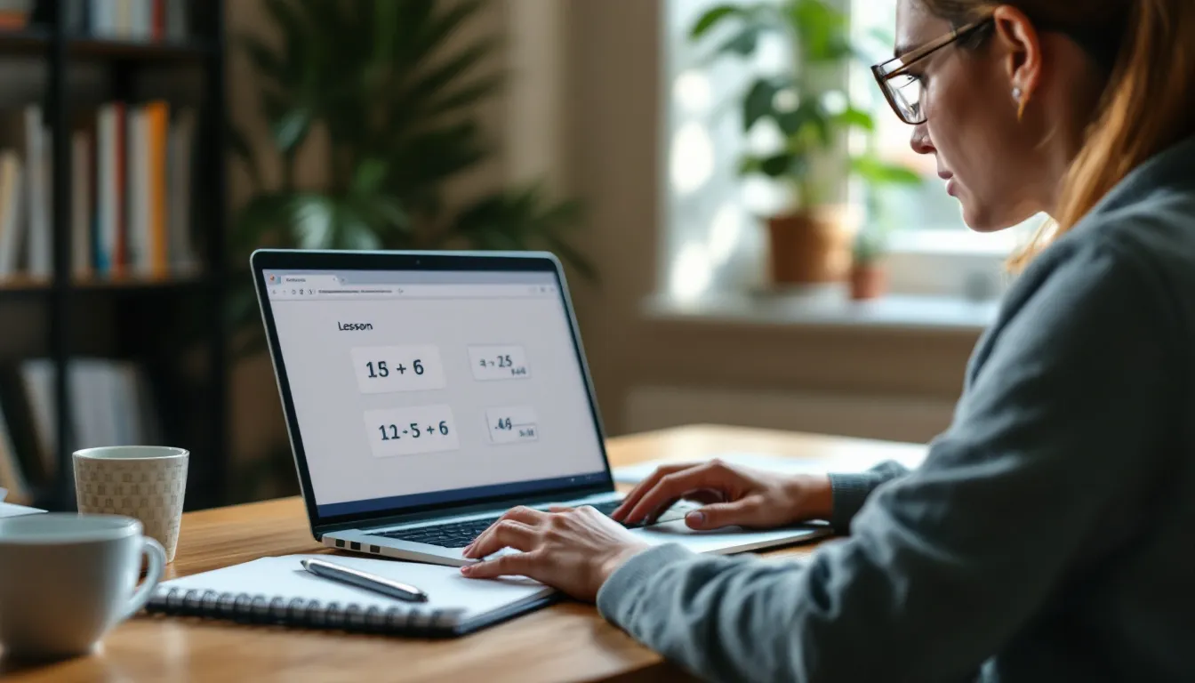 Una imagen de un estudiante sentado frente a una computadora, participando en clases de matemáticas online. En la pantalla se pueden ver gráficos y fórmulas, mientras el profesor explica conceptos de matemáticas a través de una plataforma digital, destacando las ventajas de la educación a distancia.