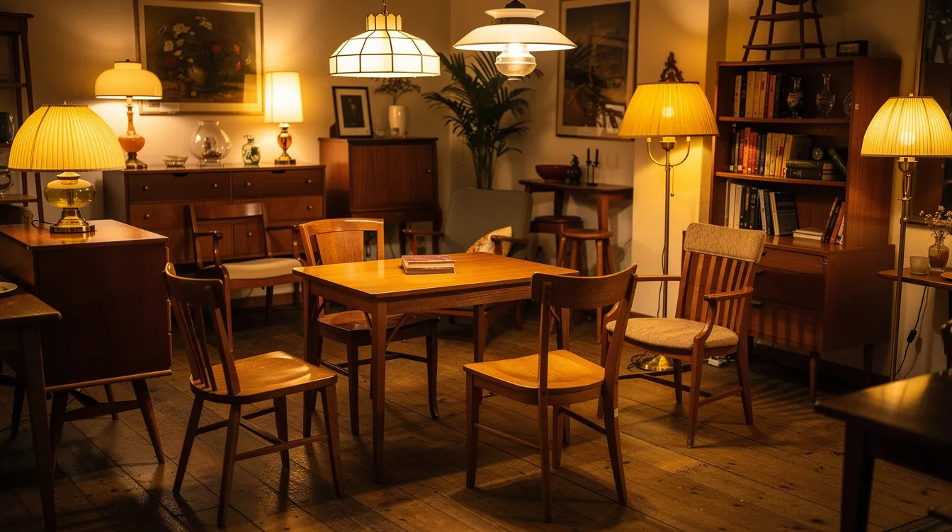 En vintage möbelbutik i Malmö med ett urval av trämöbler, stolar och lampor, allt belyst av ett varmt ljus. Butiken erbjuder en inspirerande atmosfär för den som letar efter möbler till hemmet, inklusive soffor, soffbord och sängar.