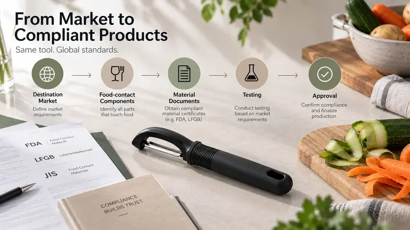 Compliance map connecting destination market, food-contact components, material documents, testing, labeling, and final approval. 