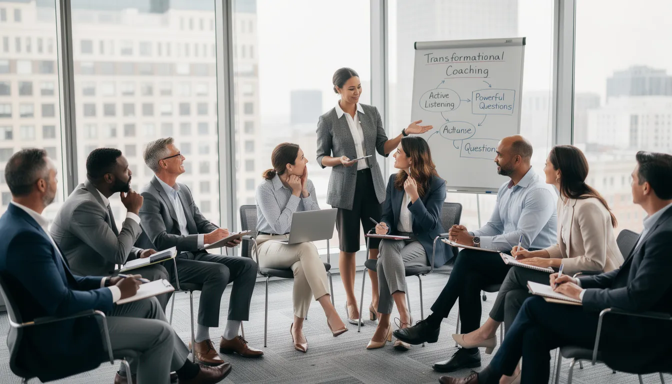 The image depicts a professional training session where coaches are engaged in learning transformational coaching techniques. Participants are actively discussing their coaching journey, focusing on foundational skills and strategies to foster personal growth and sustainable change in their clients.