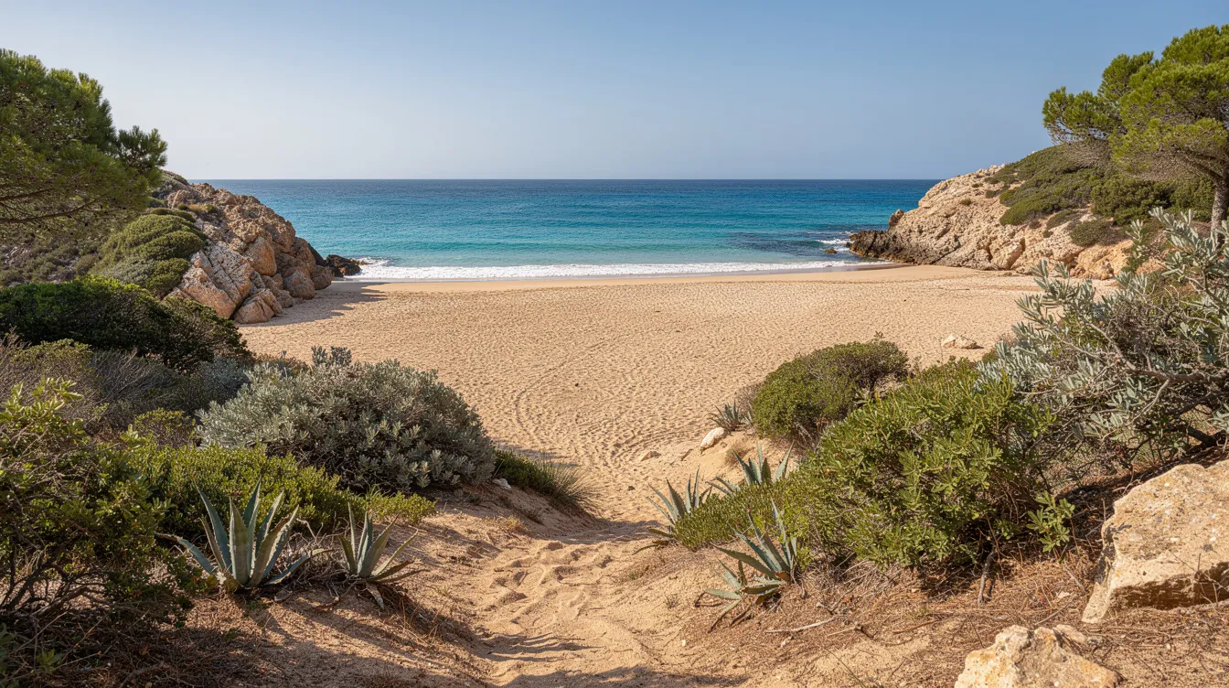 Uma praia de areia fina com águas turquesa, cercada por vegetação mediterrânea exuberante, típica da região da Dalmácia, na Croácia. O cenário é ideal para relaxar e aproveitar a beleza natural do país europeu.