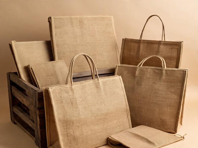 A picture showing plain brown jute bags of various sizes arranged neatly around a wooden crate, all set against a soft beige background.