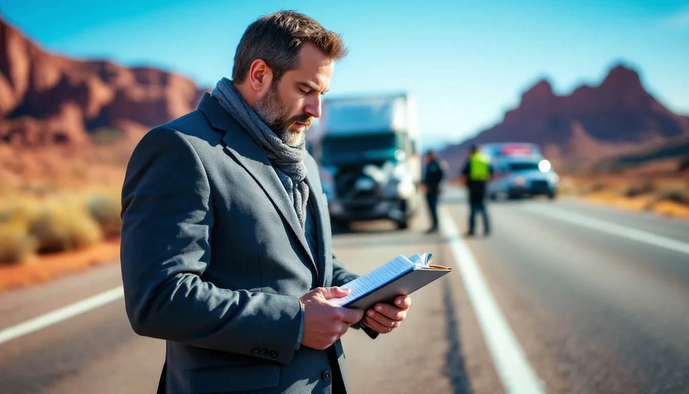 An attorney in scenic New Mexico is investigating a truck accident on the highway, representing a client affected by the incident. In the background, blurred police and ambulance vehicles are visible, indicating the seriousness of the truck accident scene.