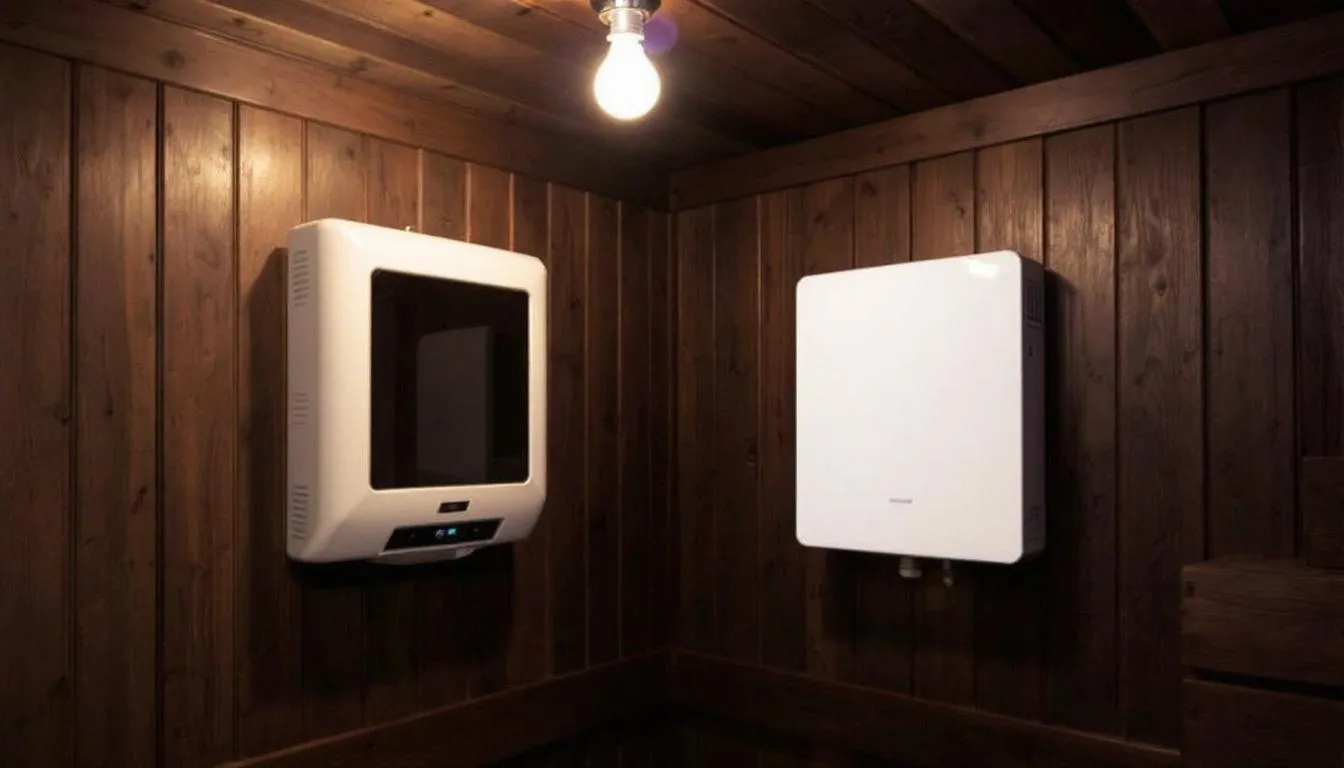 The image shows an electric sauna heater installed in a cozy wood-paneled sauna room, featuring wooden benches and a peaked roof, creating an inviting space for relaxation and sauna sessions. This setup emphasizes the benefits of having a home sauna experience with efficient heating for optimal comfort.
