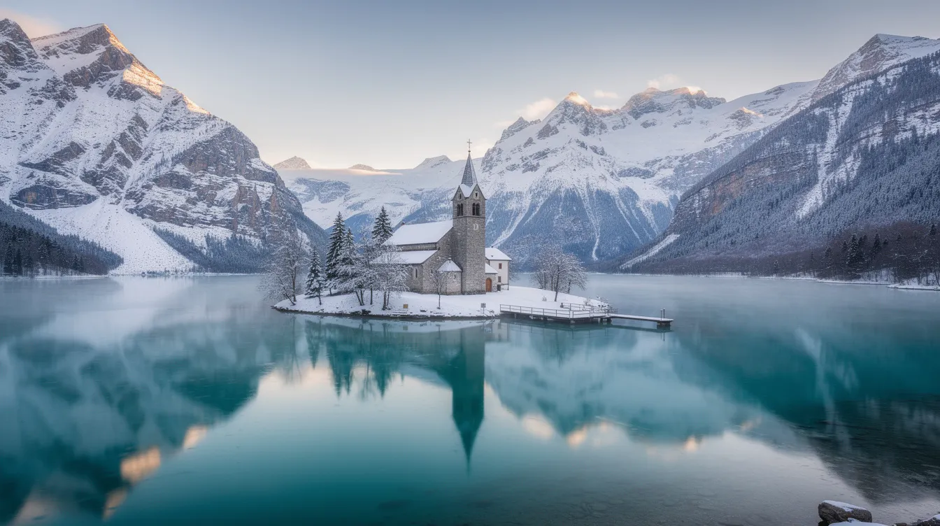 Imagem de um lago glacial rodeado por majestosas montanhas cobertas de neve, com uma pequena ilha no centro onde se destaca uma charmosa igreja. Este cenário natural é um dos destinos mais belos da Croácia, refletindo a rica cultura e paisagens deslumbrantes do país.