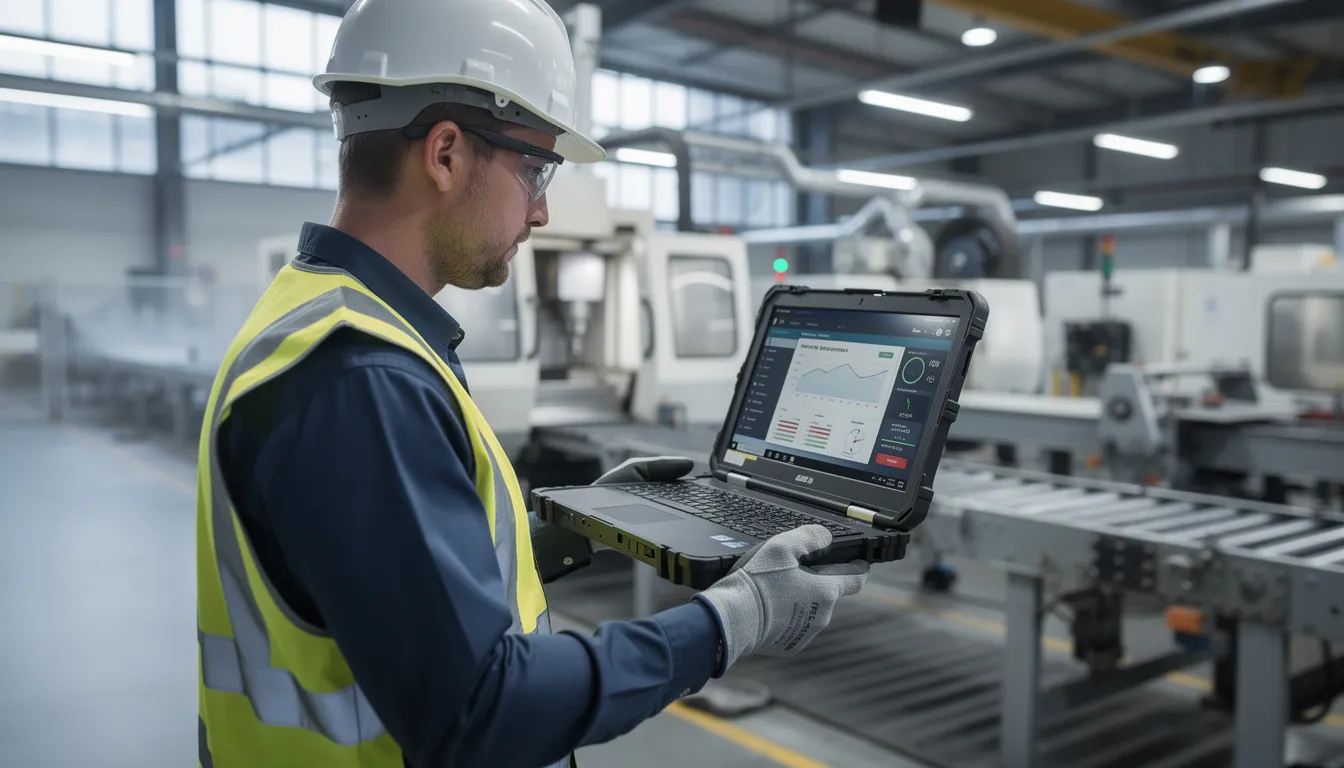 An industrial technician is seen using a rugged laptop in a manufacturing facility, showcasing the device's durability and reliability in harsh environments. The technician is focused on operating software solutions, demonstrating the laptop's powerful processing capabilities and compatibility with various tools essential for industrial work.