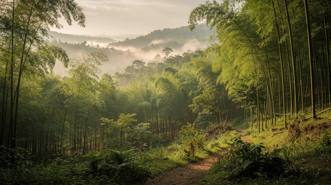 f9f52702 b489 4861 83a1 de0f782587bb The image depicts a lush green bamboo forest nestled in a hilly landscape of northeast India, shrouded in morning mist, showcasing the region's natural beauty and diverse bamboo resources. This serene environment highlights the potential for eco-tourism and sustainable business opportunities in Tripura, particularly in sectors like bamboo crafts and food processing.