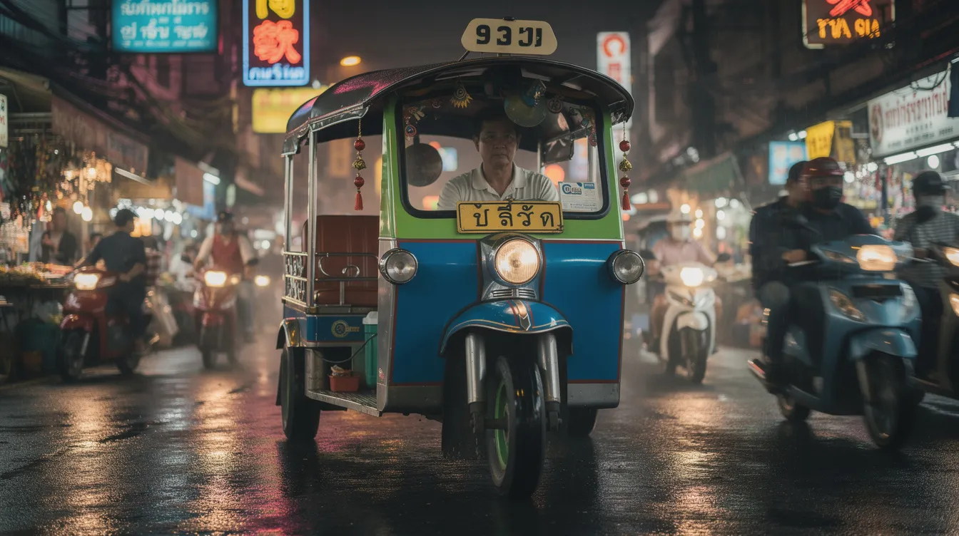 Um tuk tuk colorido percorre as ruas movimentadas de Bangkok, oferecendo transporte para passageiros em meio a aromas de comida de rua e a vista de templos budistas. No fundo, é possível ver o famoso templo do amanhecer e o rio Chao Phraya, ilustrando a vibrante vida noturna da capital tailandesa.