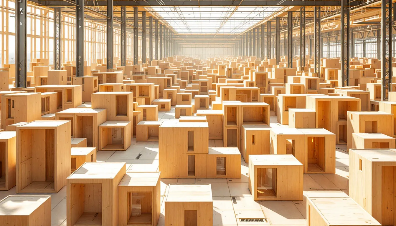 An overview of modular timber construction showcasing timber modules and construction site.
