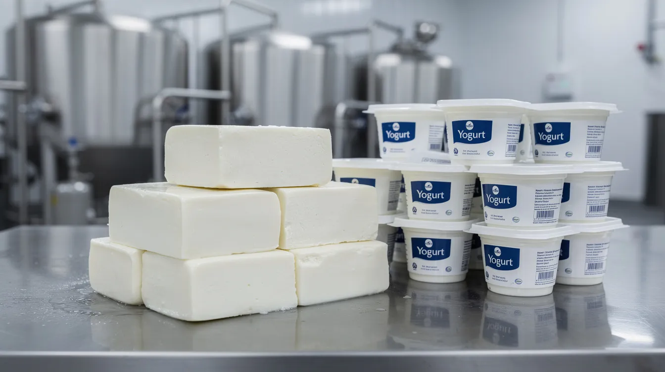 f9f9a180 0da3 47d6 97d9 e4e796a6f9bd The image shows neatly stacked blocks of paneer alongside packaged yogurt cups on a stainless steel table, indicative of a dairy processing facility. This scene highlights the importance of milk production and dairy entrepreneurship development in the dairy industry.