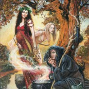 Three versions of Morrigan coming from a cauldron. The three different versions are a pregnant woman an old woman hunched over and a pale woman looking lost.