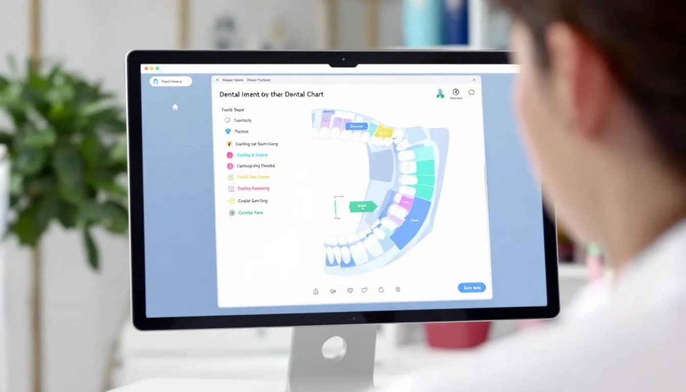 Una pantalla de computadora muestra un odontograma digital colorido, diseñado con una interfaz moderna, que presenta información sobre la dentición de un niño, incluyendo el estado de sus piezas dentales y datos para el seguimiento de su salud dental. Este registro visual es una herramienta utilizada por odontopediatras y dentistas para evaluar el tratamiento y la evolución de los pacientes infantiles.