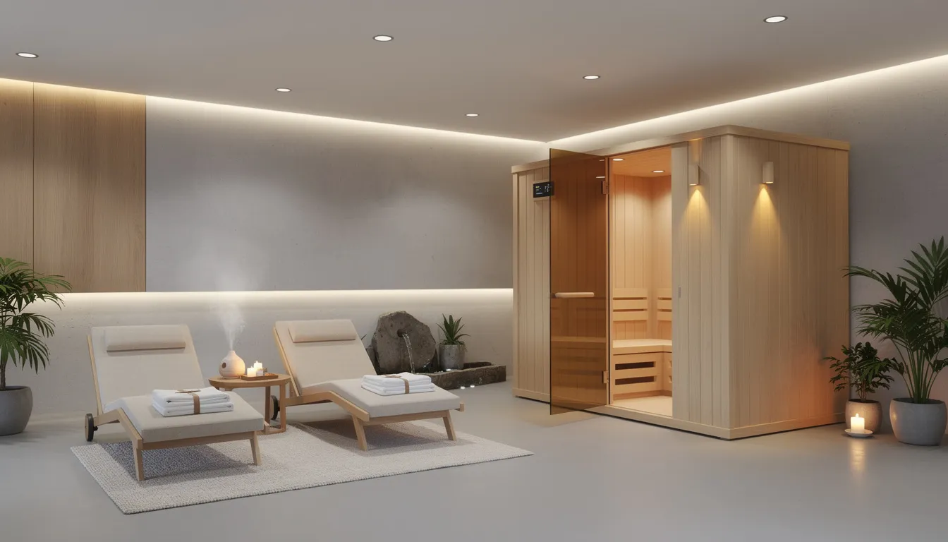 The image depicts a modern basement transformed into a spa-like wellness space, featuring a wooden sauna cabin with benches and ambient LED strip lights, creating a warm and relaxing atmosphere. This personal sauna installation showcases an excellent location for relaxation, utilizing the previously unused space effectively.