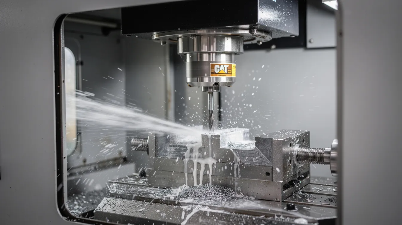 A close-up view of a vertical machining center reveals the spindle and tool holder actively cutting a metal workpiece, with coolant visibly flowing to enhance the machining process. This image highlights the precision and efficiency of CNC machining centers in producing complex parts with tight tolerances.