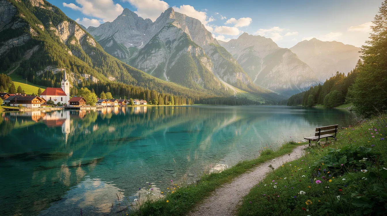 A imagem retrata uma paisagem ensolarada da Eslovênia durante o verão, com montanhas verdes ao fundo e um lago cristalino refletindo o céu azul. Este destino turístico é conhecido por sua rica cultura e clima mediterrâneo, atraindo visitantes do Brasil e de outros países.