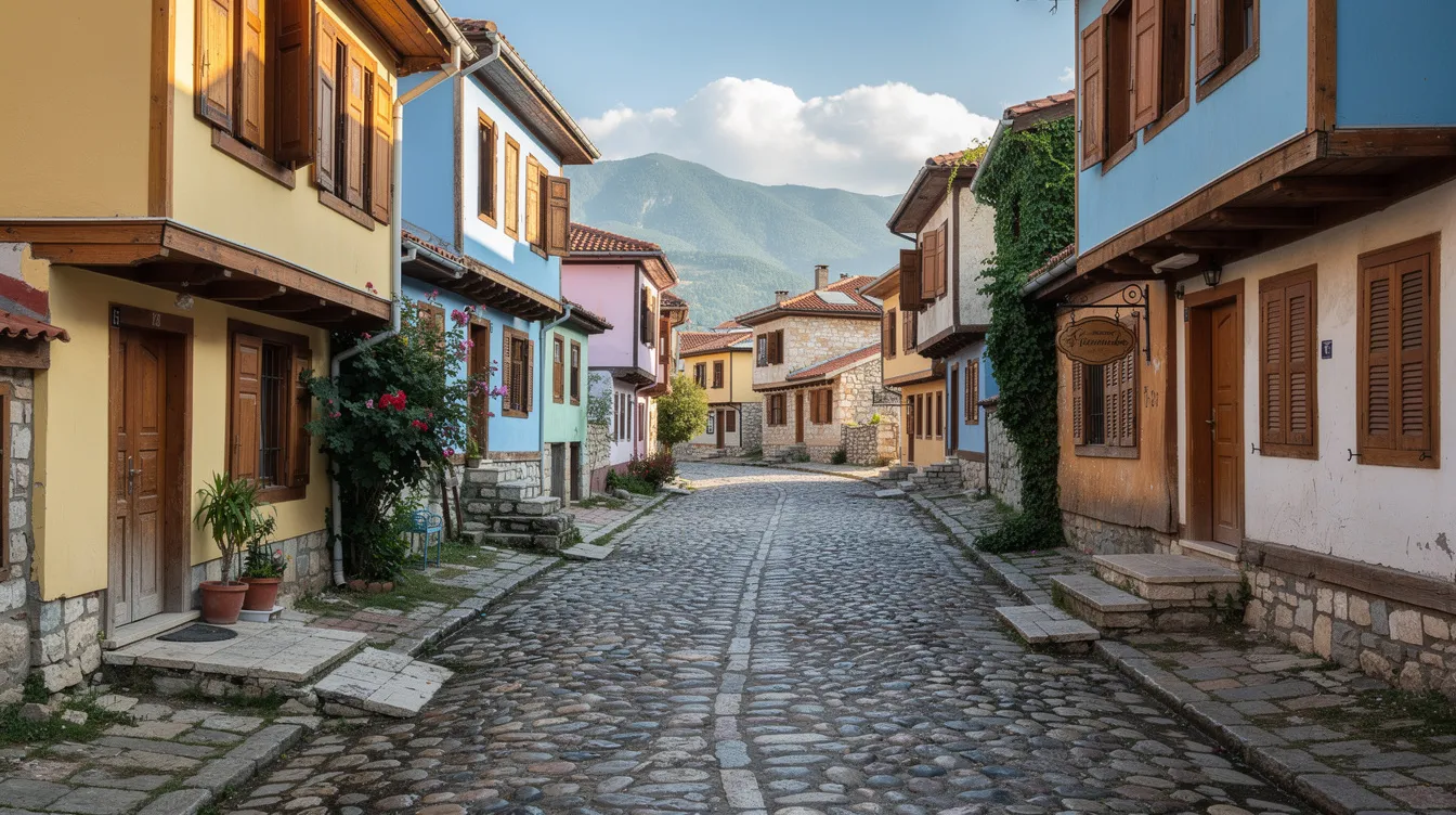 En la imagen se pueden ver las calles empedradas de Cumalıkızık, rodeadas de casas otomanas de colores vibrantes, con majestuosas montañas al fondo que enmarcan este pintoresco pueblo de Bursa, conocido por su rica historia y arquitectura del imperio otomano. Este lugar es un atractivo turístico que refleja el patrimonio cultural de Turquía.
